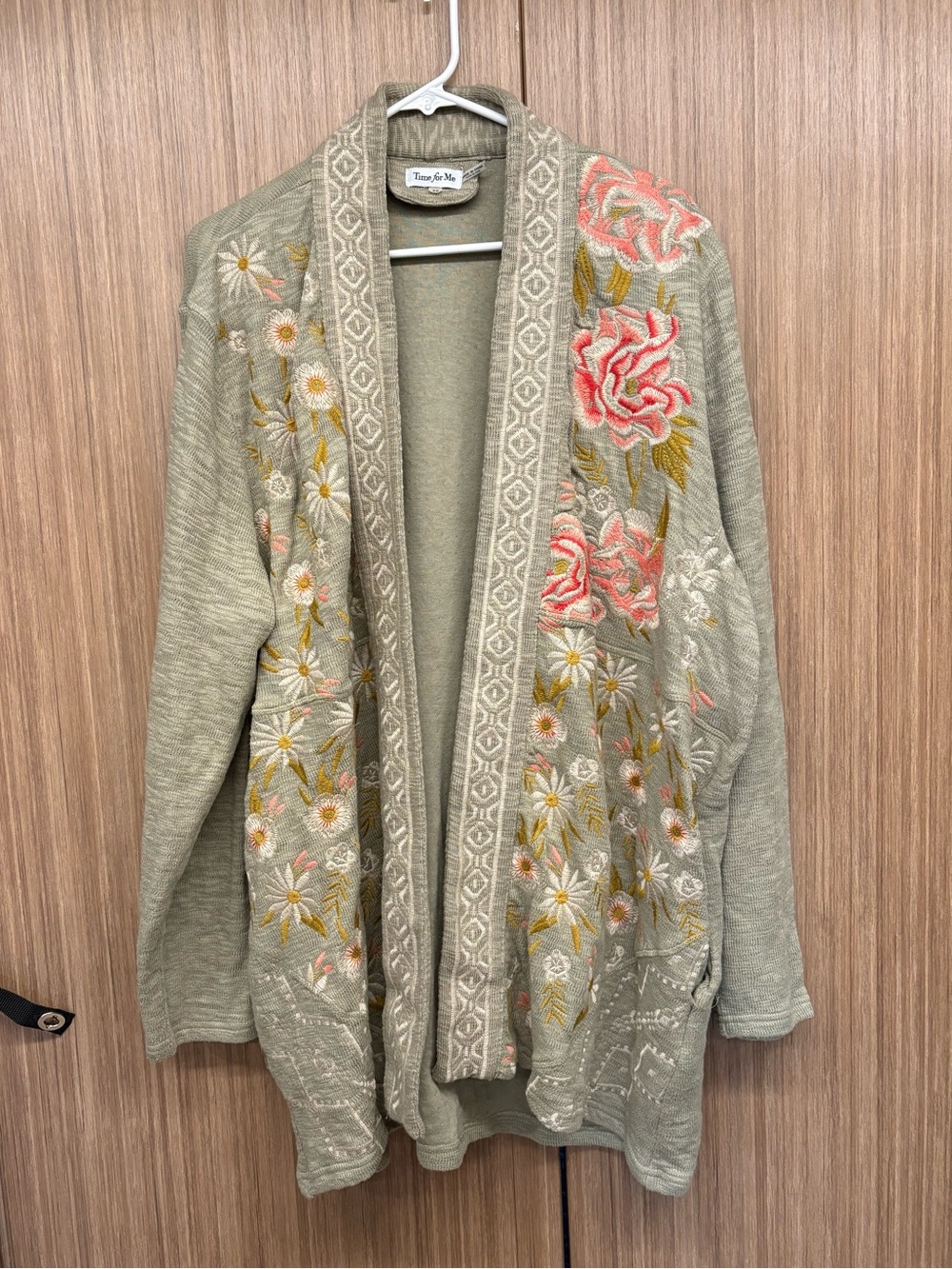 Time for Me Sage Open-Front Cardigan Coat with Floral Embroidery